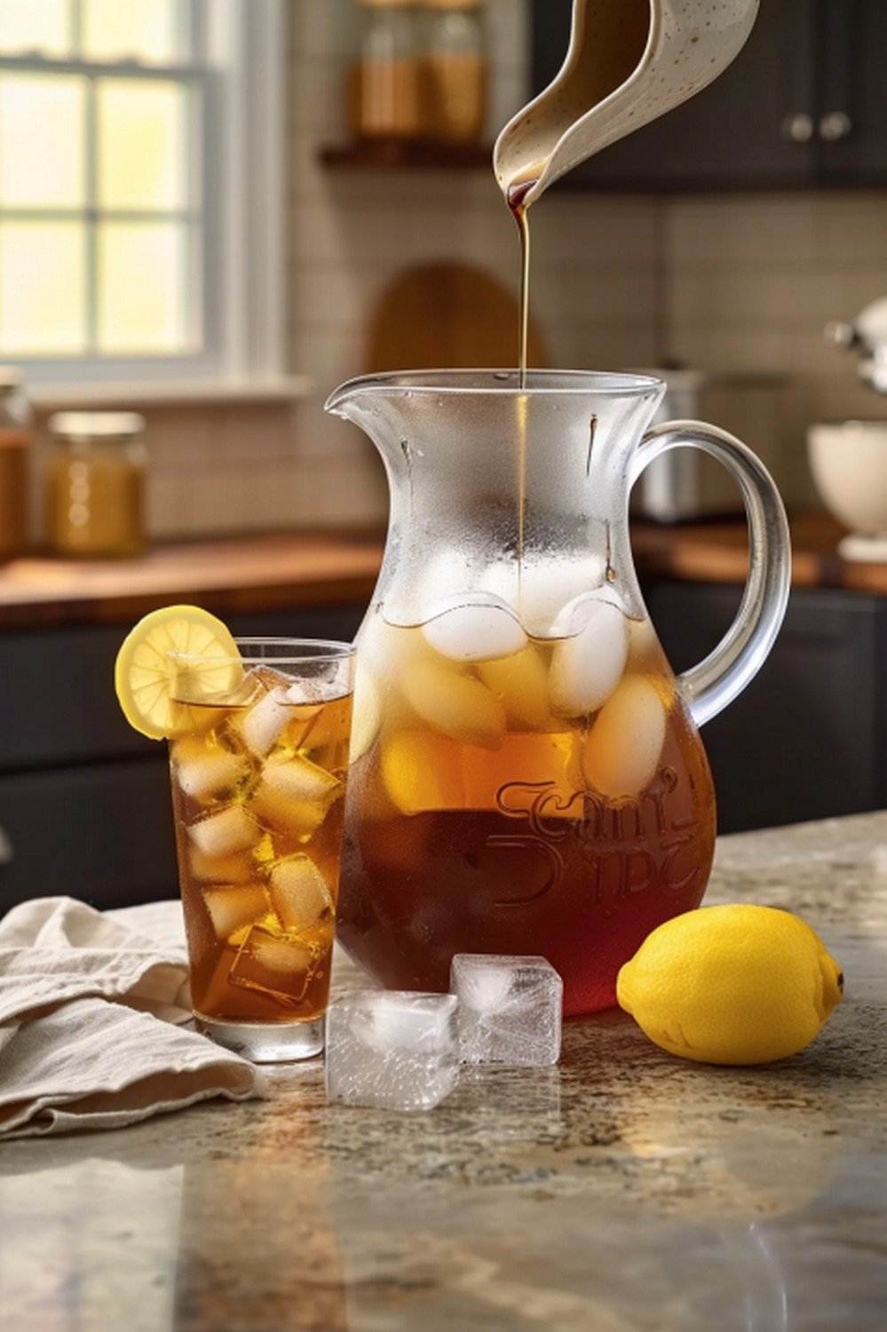 Homemade Raising Cane's Sweet Tea in glass gallon pitcher with individual glass and lemon on stone countertop in warm summer kitchen
