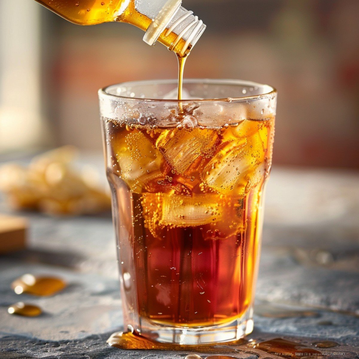 Close-up of pale golden simple syrup releasing from squeeze bottle in drizzle into deep amber sweet tea catching warm window light
