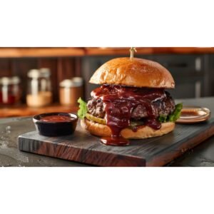 Red Robin Whiskey River BBQ sauce copycat — bold tangy deep reddish-brown whiskey BBQ sauce on burger on dark wooden board