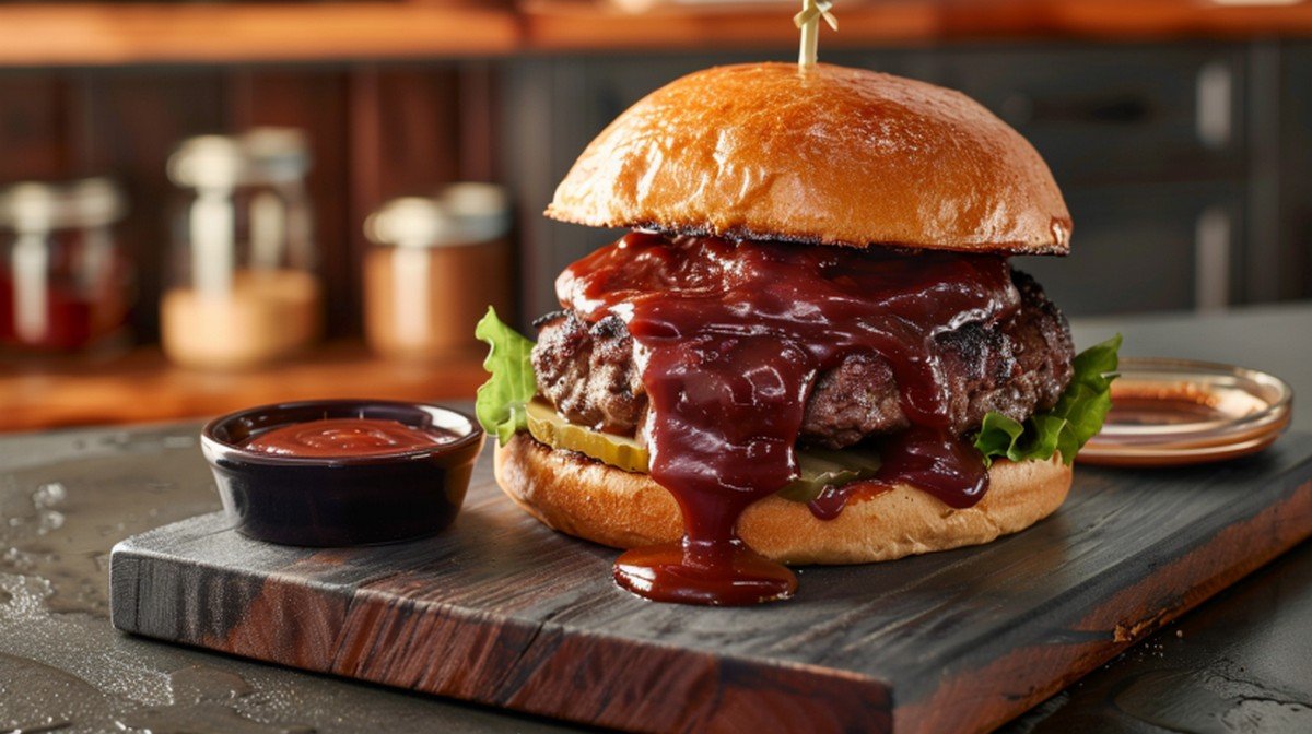 Red Robin Whiskey River BBQ sauce copycat — bold tangy deep reddish-brown whiskey BBQ sauce on burger on dark wooden board
