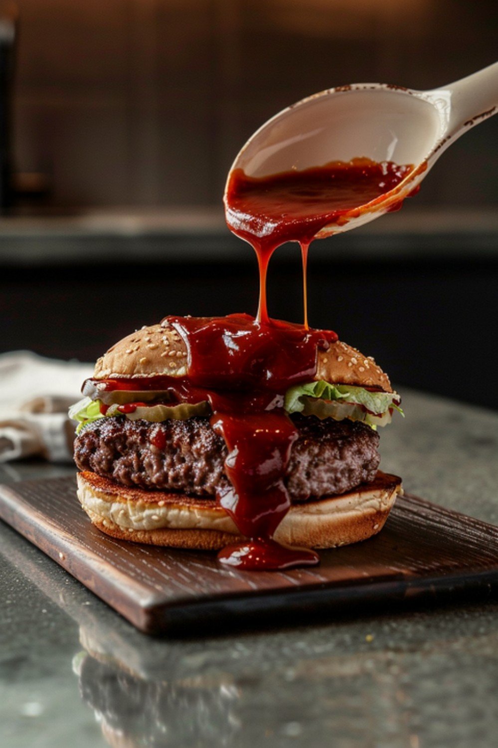 Deep reddish-brown Whiskey River BBQ sauce poured in thick glossy stream from ceramic spoon over halved burger on wooden board
