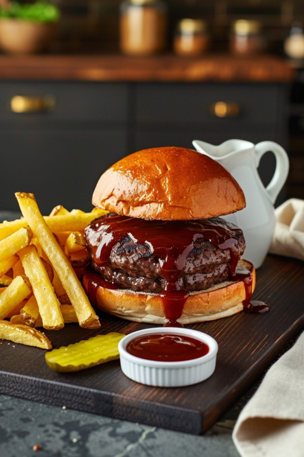 Homemade Red Robin Whiskey River BBQ sauce with loaded burger and sauce ramekin on dark wooden board in warm game day kitchen scene
