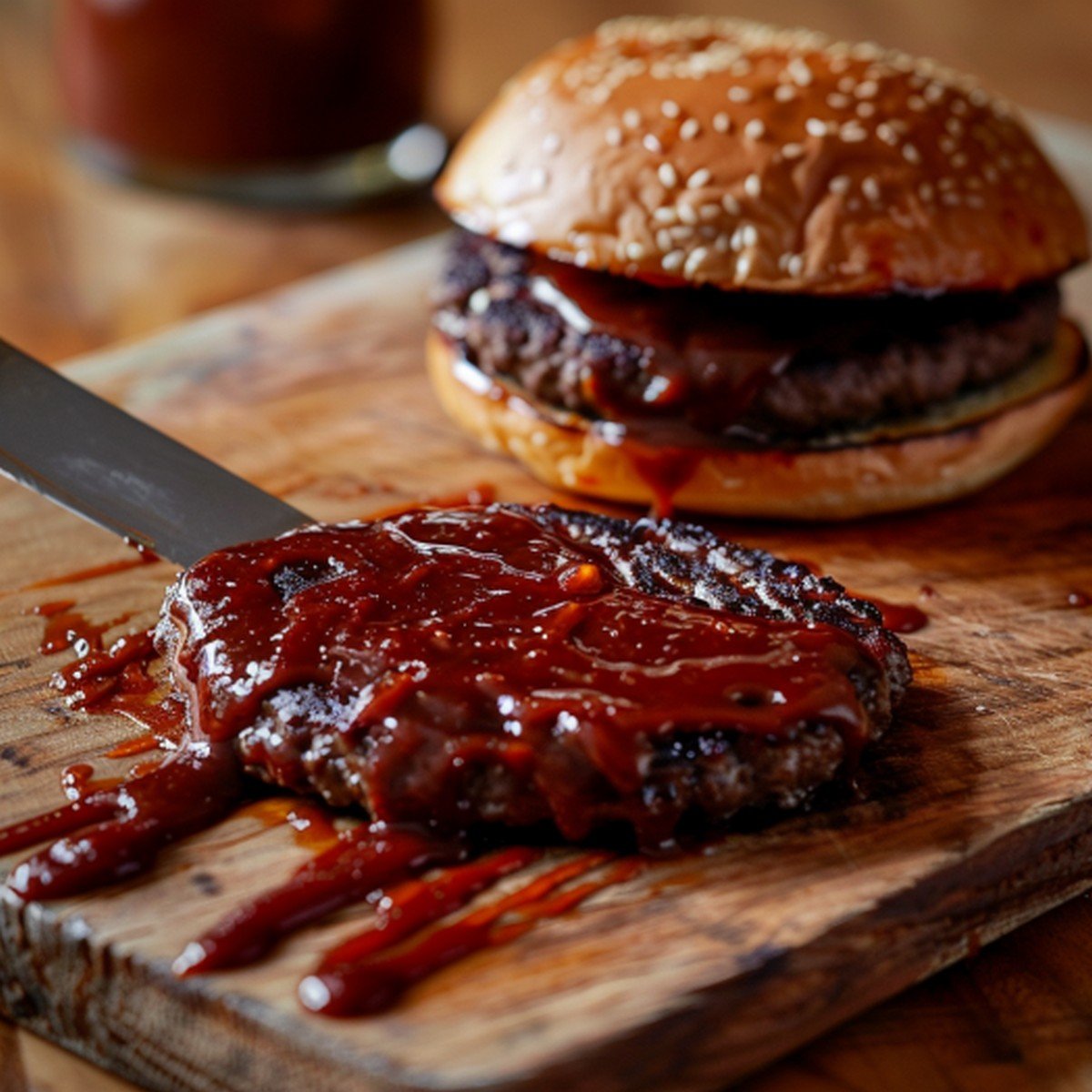 Close-up of bold deep reddish-brown Whiskey River BBQ sauce — thick glossy smoky tangy texture coating back of spoon
