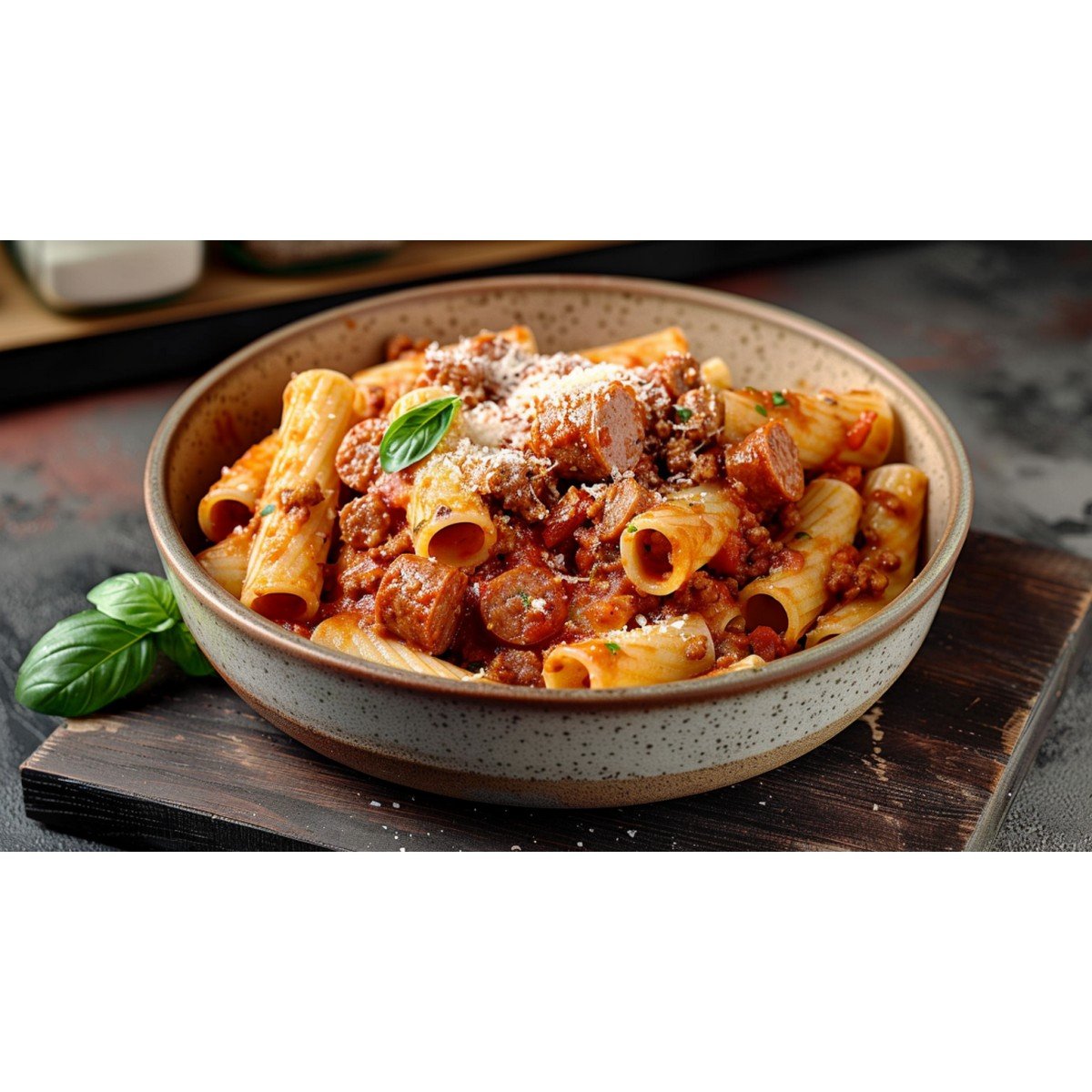 Hearty sausage and tomato sauce coating rigatoni with visible sausage chunks