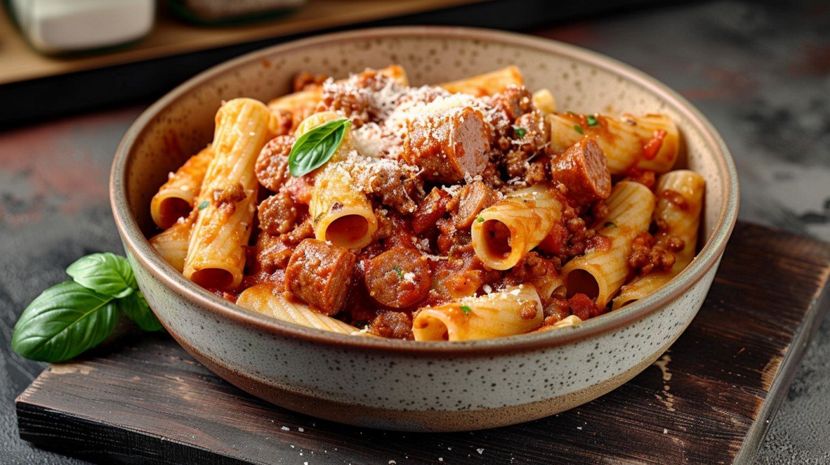 Hearty sausage and tomato sauce coating rigatoni with visible sausage chunks