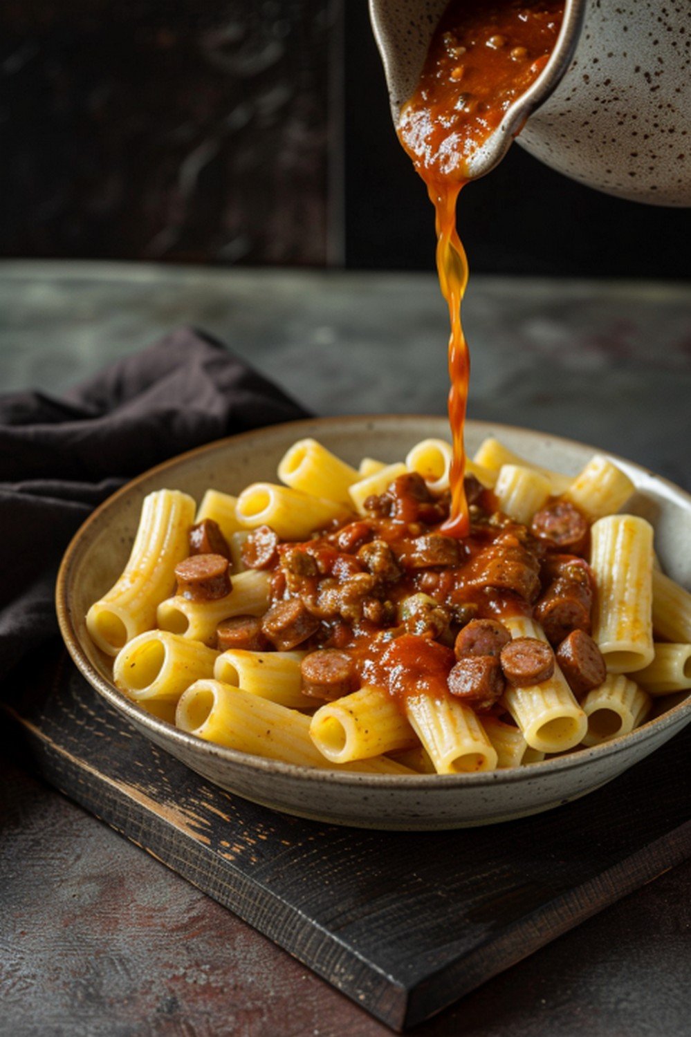 Sausage and tomato sauce poured over rigatoni in rustic ceramic bowl