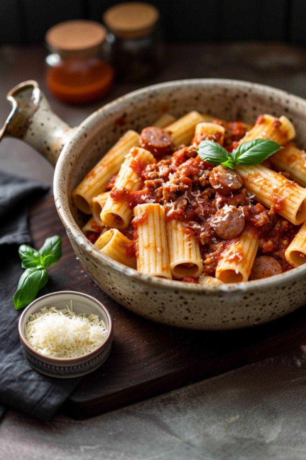 Hearty winter pasta dinner with sausage tomato sauce and fresh basil