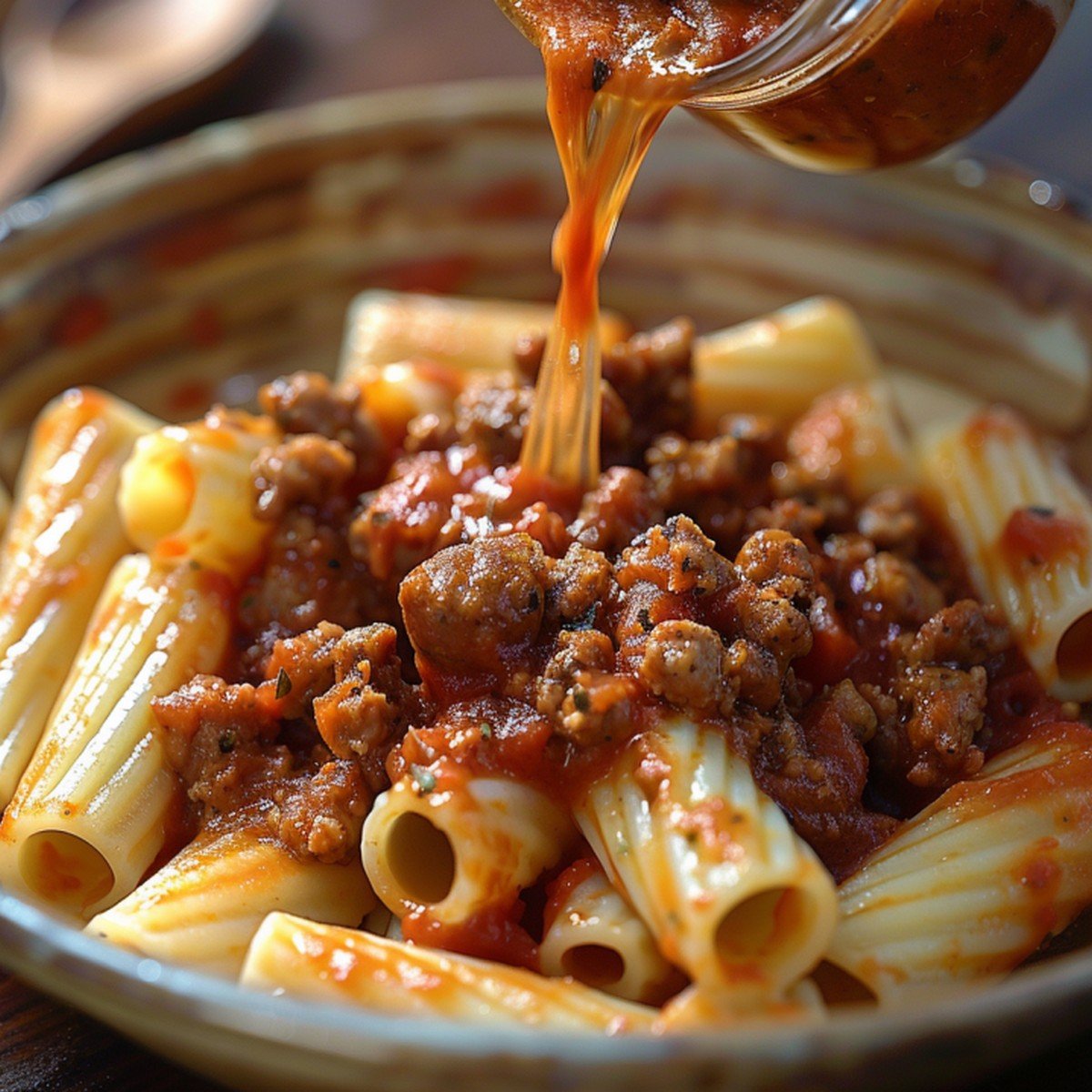 Close-up of thick chunky sausage and tomato sauce with Italian sausage pieces