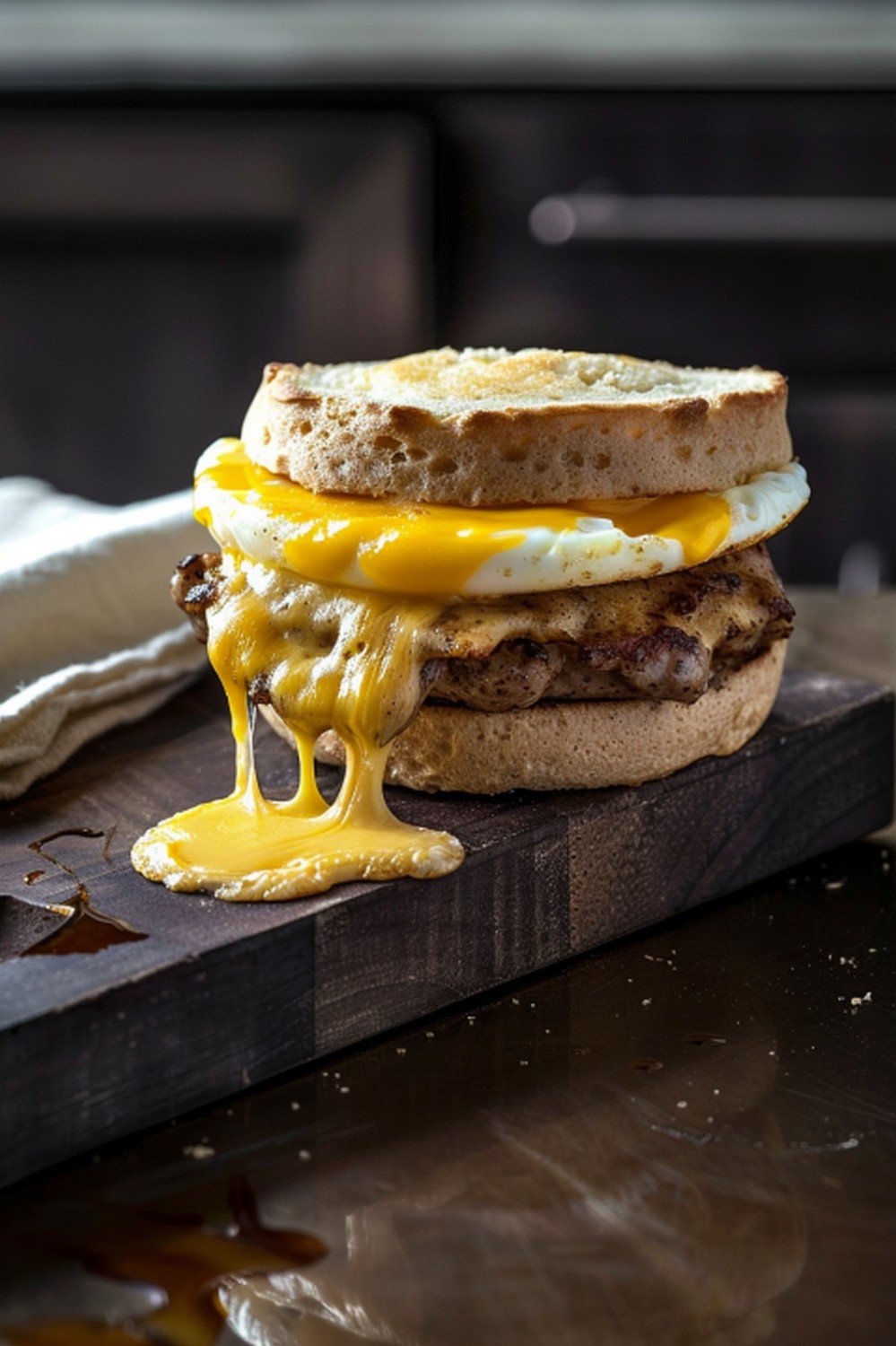 Melted American cheese stretching from a sausage egg breakfast sandwich on a wooden board
