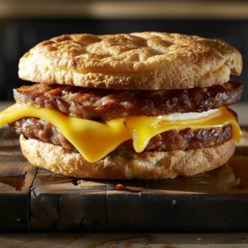 Homemade sausage egg and cheese breakfast sandwich on a toasted English muffin