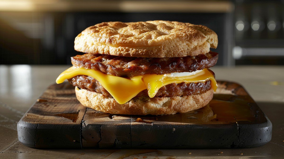 Homemade sausage egg and cheese breakfast sandwich on a toasted English muffin
