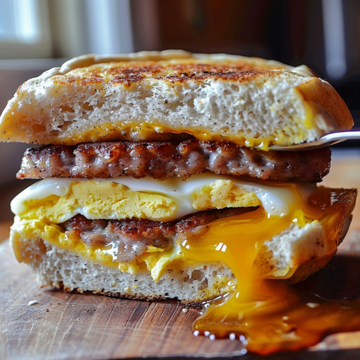 Cross-section of a sausage egg cheese sandwich showing melted cheese and juicy sausage patty
