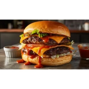 Stacked double smash burger with smoky orange-red ShackSauce dripping between layers, melted American cheese, crisp lettuce and tomato on a potato bun, on a concrete countertop