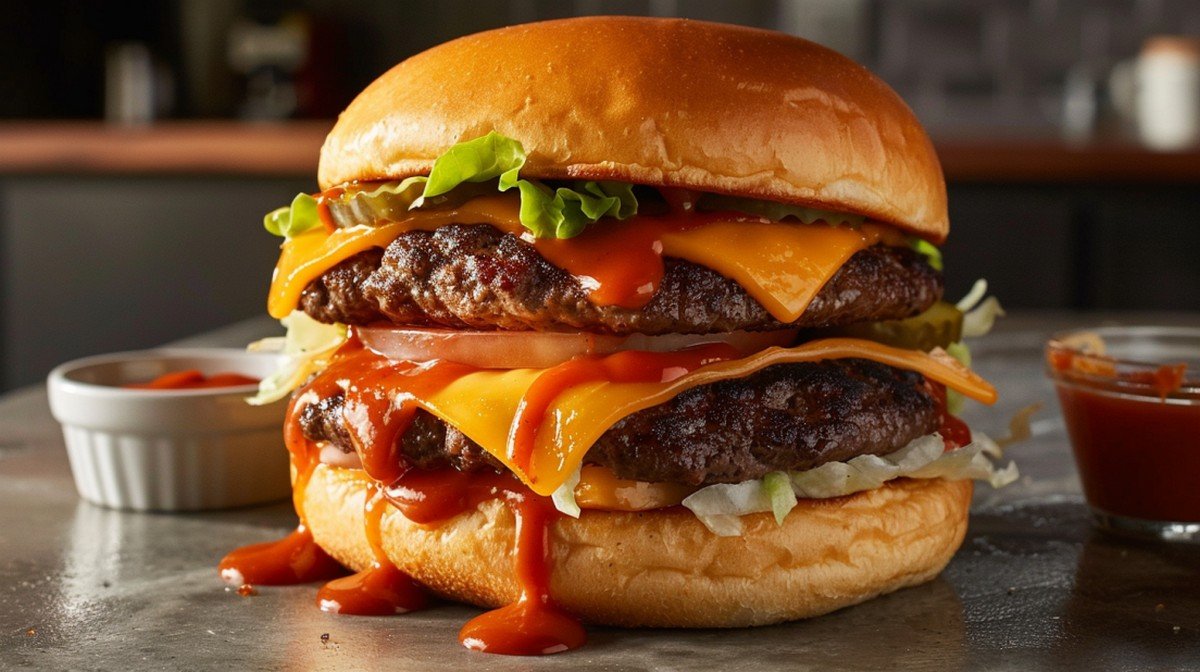 Stacked double smash burger with smoky orange-red ShackSauce dripping between layers, melted American cheese, crisp lettuce and tomato on a potato bun, on a concrete countertop
