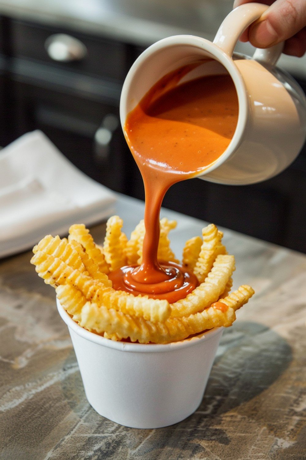 Smoky orange-red ShackSauce poured from a ceramic jar above golden crinkle fries resting in a ceramic cup on a stone counter, sauce stream filling the top of the frame dramatically
