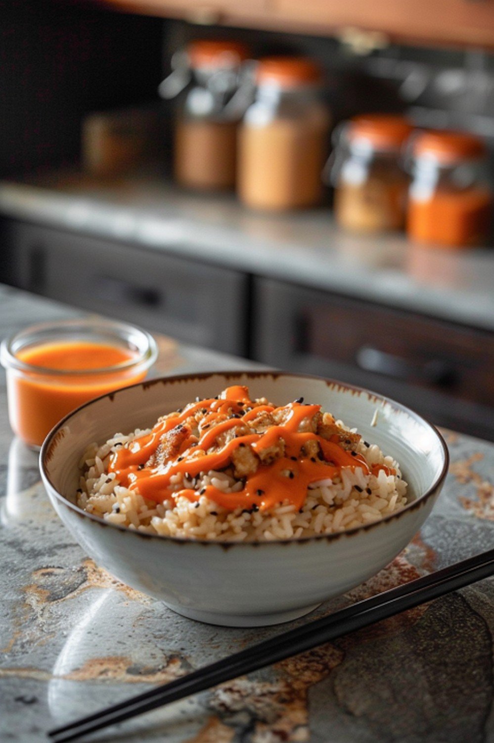 Clean weeknight rice bowl topped with ShackSauce drizzled from a small glass jar, sauce ramekin beside the bowl, chopsticks resting naturally on a concrete countertop in a home kitchen
