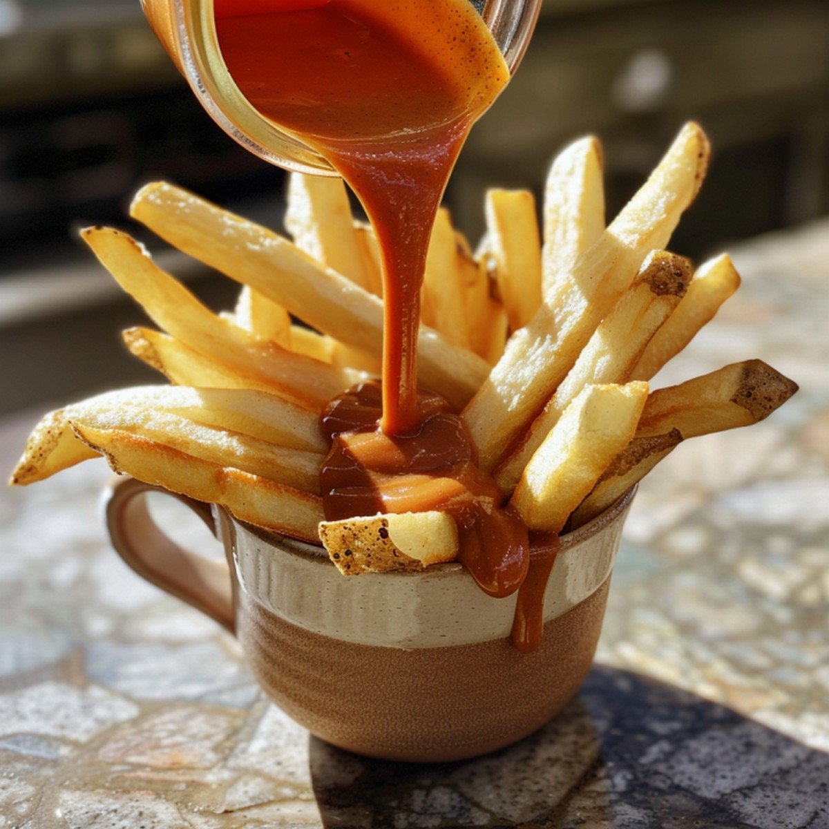 Smoky deep orange-red ShackSauce poured from a small jar in a single glossy stream landing on golden fries in a ceramic cup on a stone countertop, sauce coating the fry tips
