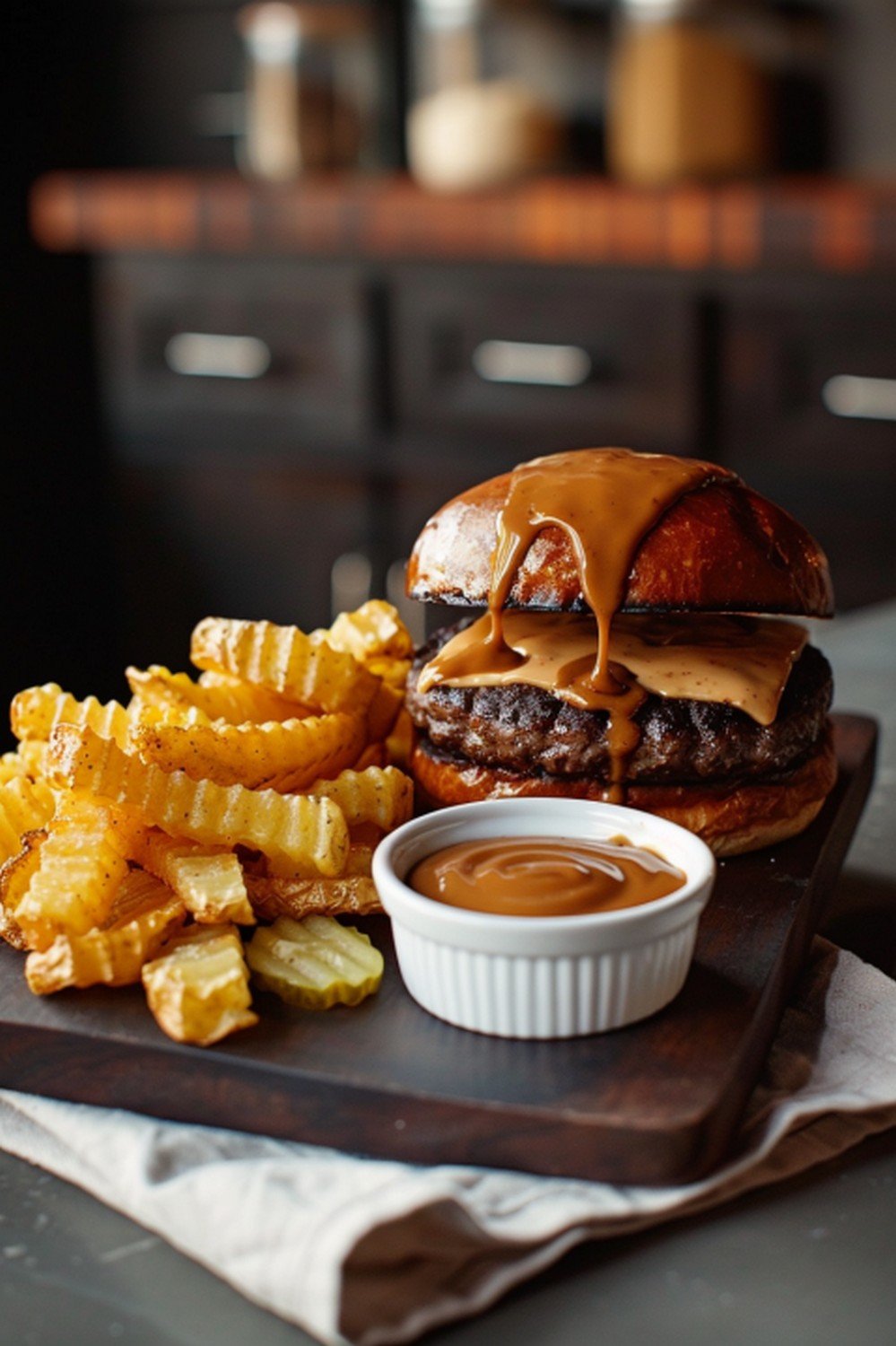 Styled Saturday burger night spread on a dark wooden board — smash burger, golden fries, sauce ramekin and pickles arranged on a home kitchen counter with warm window light
