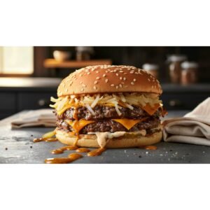 Golden smash burger with crispy caramelized crust and melted American cheese, drizzled with glossy golden-tan burger sauce on a dark wooden board in a home kitchen