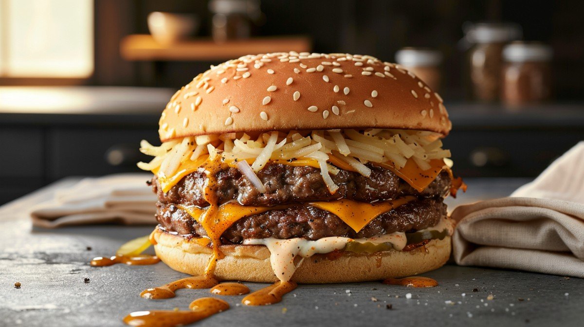 Golden smash burger with crispy caramelized crust and melted American cheese, drizzled with glossy golden-tan burger sauce on a dark wooden board in a home kitchen
