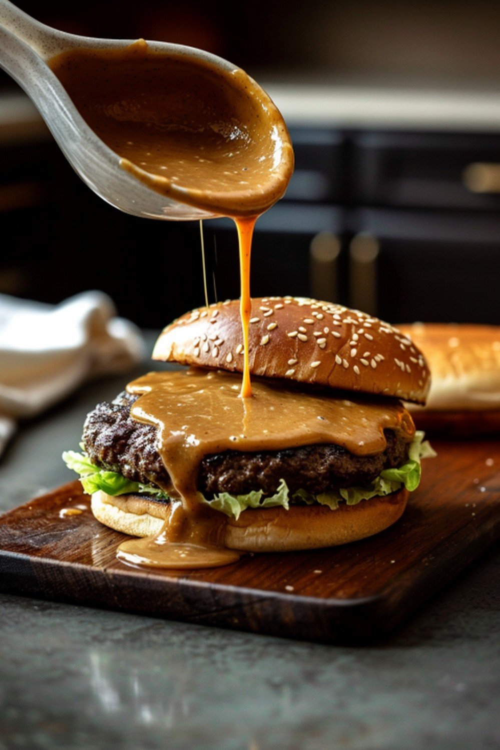 Golden-tan burger sauce poured in thick glossy stream from a ceramic spoon above a halved smash burger resting on a dark wooden board, sauce cascading through the burger layers
