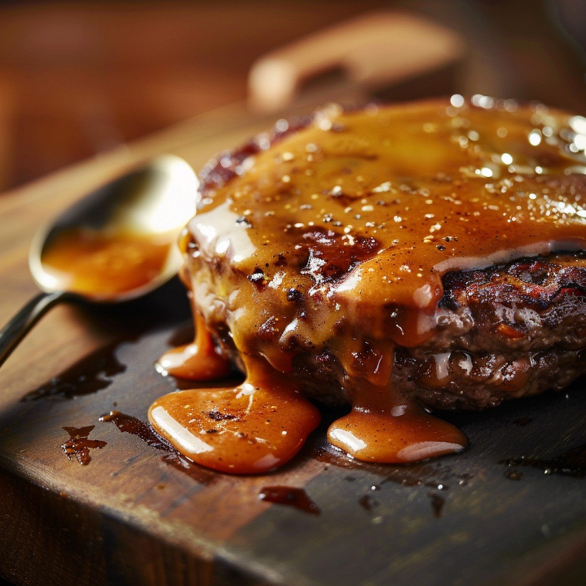 Extreme close macro of glossy golden-tan burger sauce with visible seasoning pooling thickly across the caramelized crust of a smash burger patty on a dark wooden board

