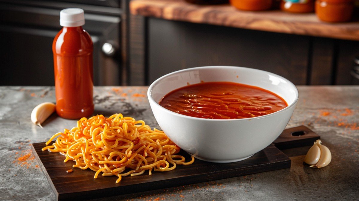 Spicy sriracha stir fry sauce in white bowl with glazed ramen noodles on dark wooden board
