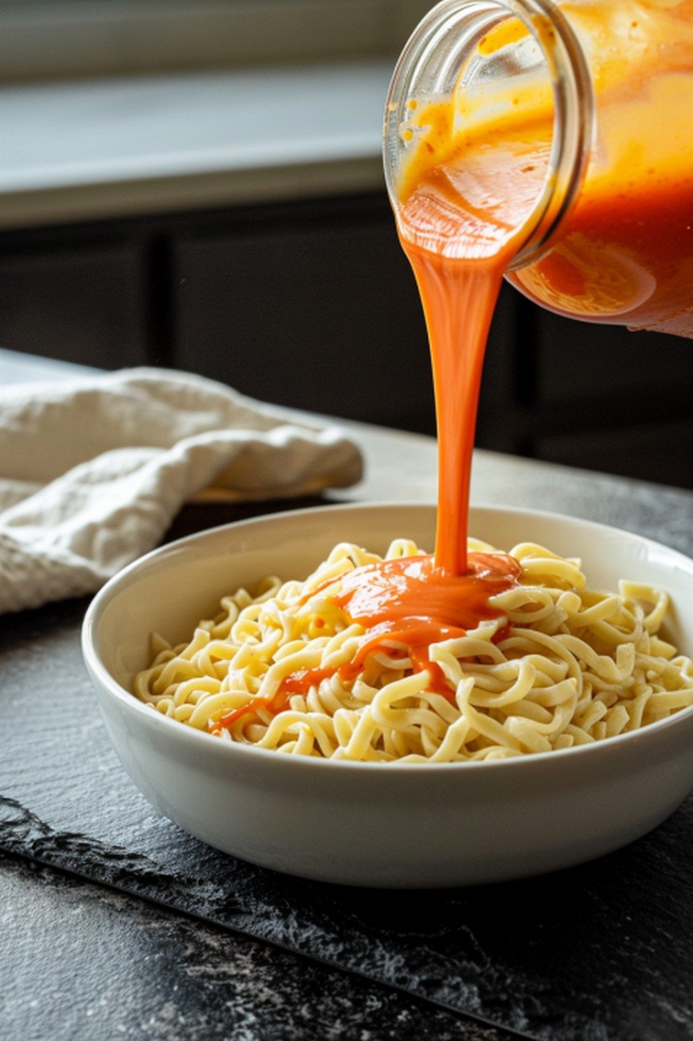 Sriracha sauce poured in bold diagonal stream from small jar over ramen noodles in white bowl
