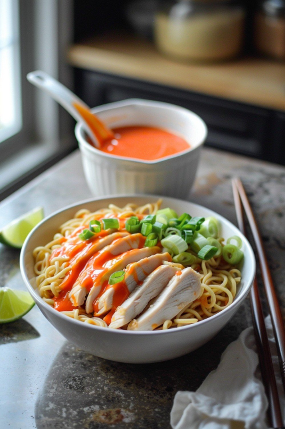 Spicy sriracha ramen noodle bowl with orange-red sauce ramekin and chopsticks on stone counter
