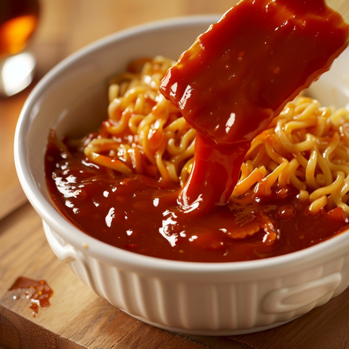 Spatula dragging through bold reddish-orange sriracha stir fry sauce showing thick texture trail
