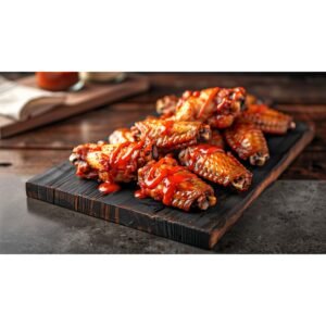 Spicy sriracha wing sauce drizzled over crispy golden wings on a dark wooden board in a modern home kitchen