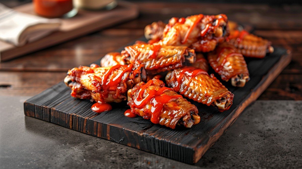 Spicy sriracha wing sauce drizzled over crispy golden wings on a dark wooden board in a modern home kitchen
