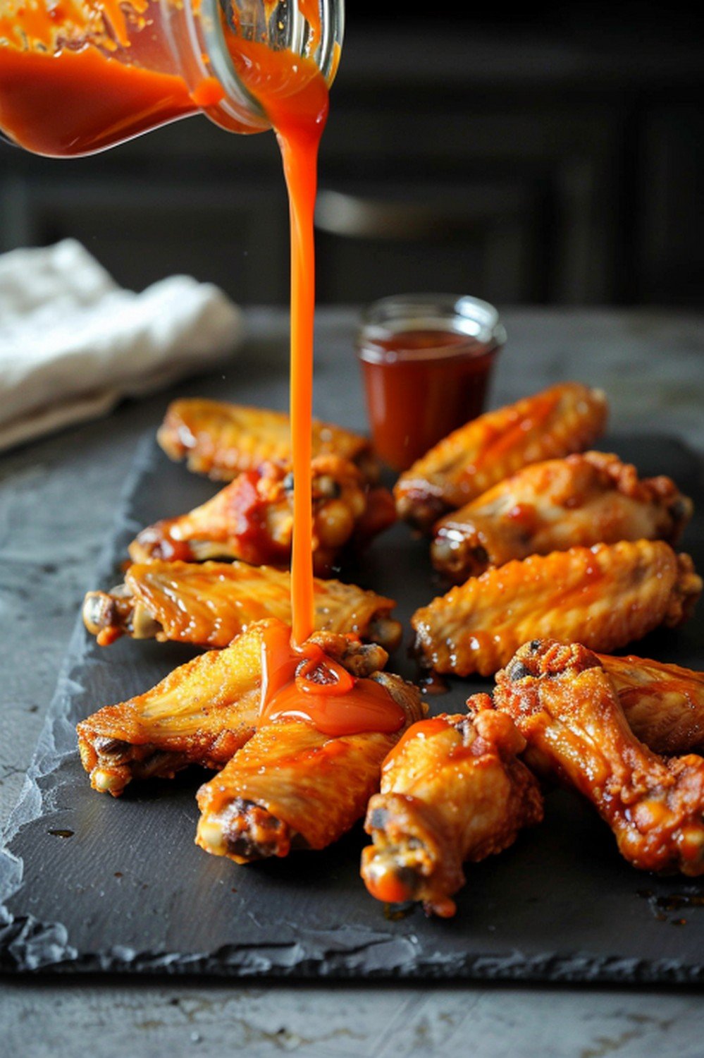 Bright orange-red sriracha sauce poured in bold diagonal stream from small jar landing on crispy golden wings resting on dark slate
