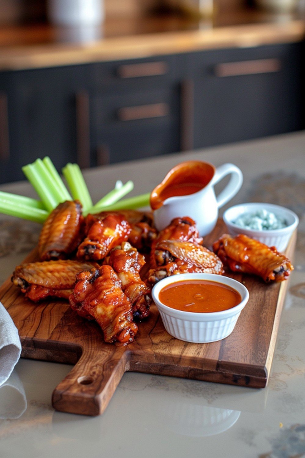 Casual game day wing spread with crispy wings arranged on wooden board and bright orange-red sriracha sauce ramekin as centerpiece
