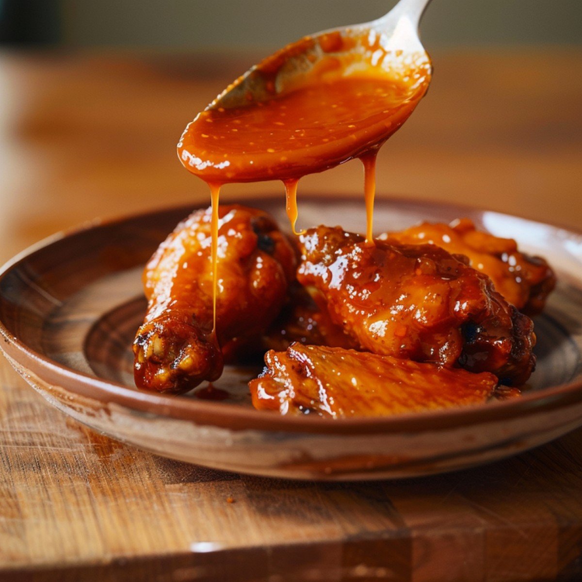 Close-up of bright orange-red sriracha wing sauce on a spoon showing glossy thick texture with a crispy wing at the edge
