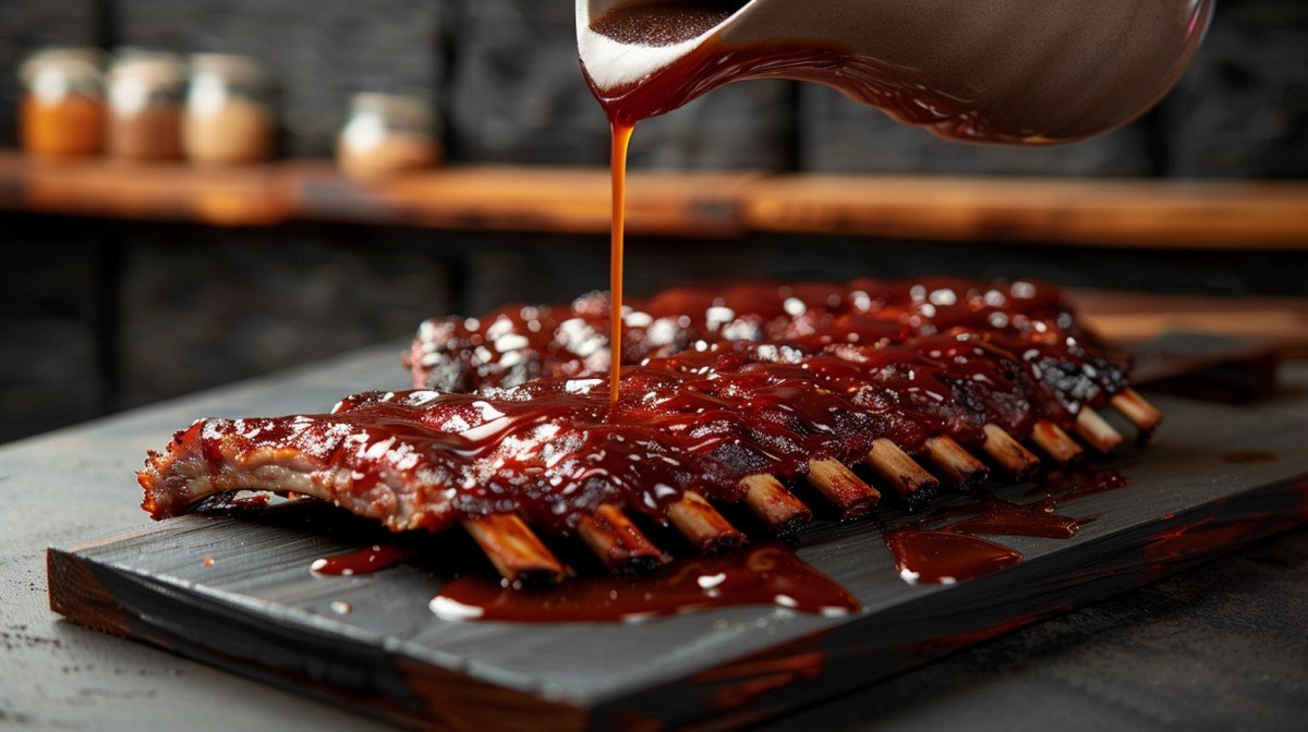 Steakhouse BBQ Glaze recipe — deep glossy reddish-brown barbecue sauce glazed over ribs on dark wooden board
