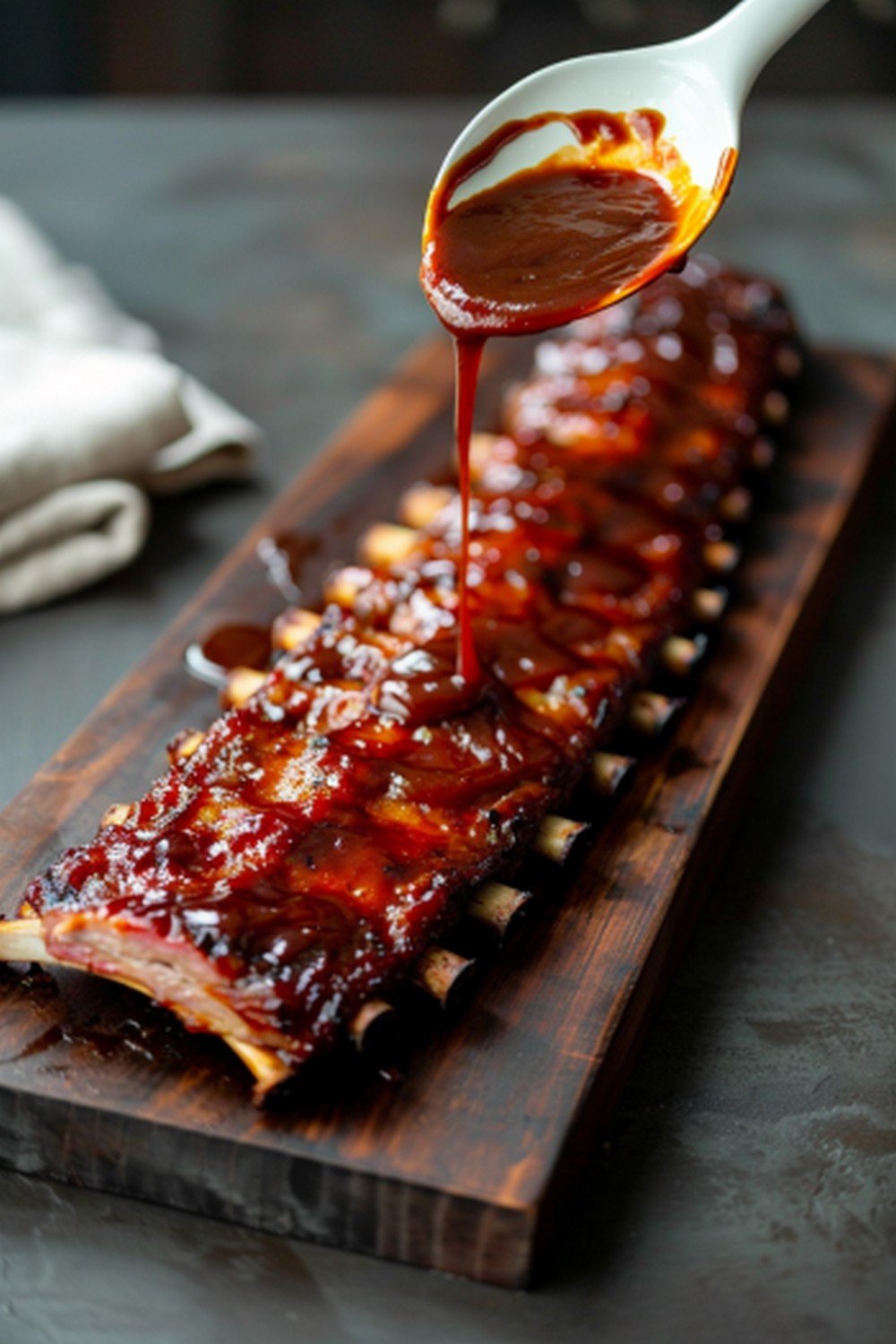 Deep reddish-brown BBQ glaze spooned in wide glossy arc from ceramic spoon over ribs resting flat on wooden board
