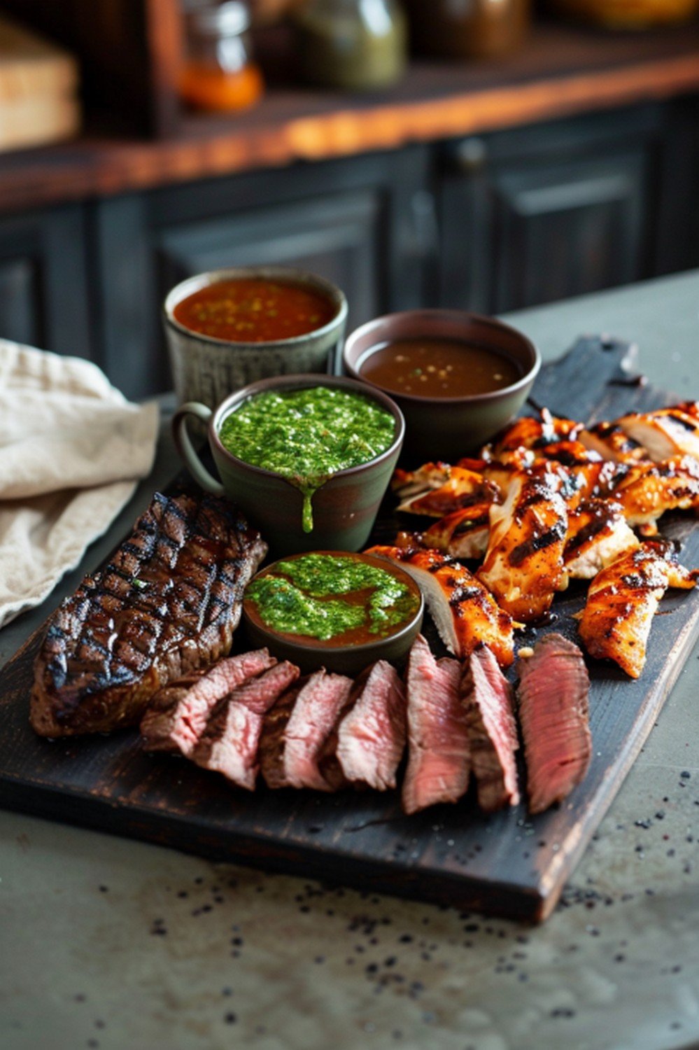 Homemade Steakhouse BBQ Glaze served with ribs and sauce ramekin on large wooden board in warm summer cookout kitchen scene
