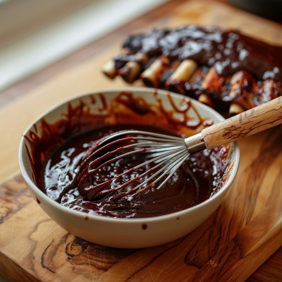 Close-up of deep glossy reddish-brown steakhouse BBQ glaze — thick caramelized texture with visible smoky depth
