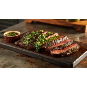 Steakhouse Chimichurri Sauce copycat — bright herbaceous green sauce with visible parsley drizzled over sliced steak on wooden board