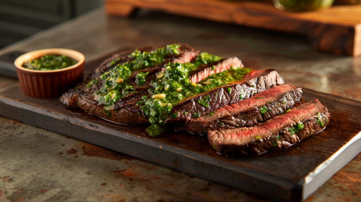 Steakhouse Chimichurri Sauce copycat — bright herbaceous green sauce with visible parsley drizzled over sliced steak on wooden board
