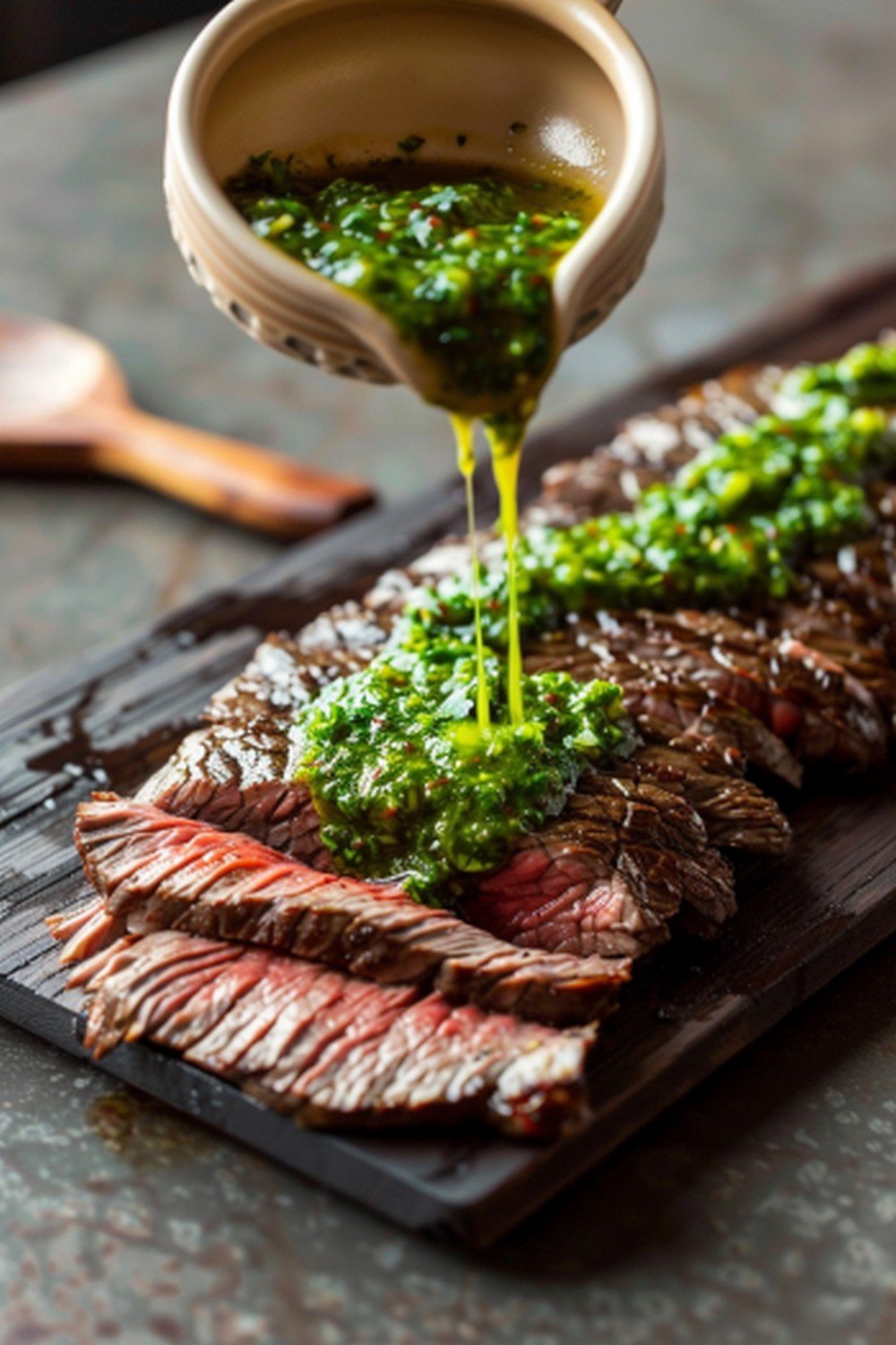 Bright green chimichurri sauce drizzled in slow diagonal stream from ceramic spoon over sliced steak resting on dark wooden board
