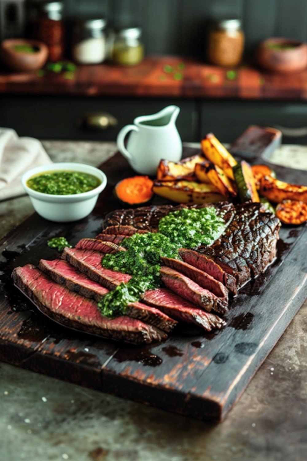 Homemade Steakhouse Chimichurri Sauce with sliced steak and sauce ramekin on large wooden board in warm summer cookout kitchen scene

