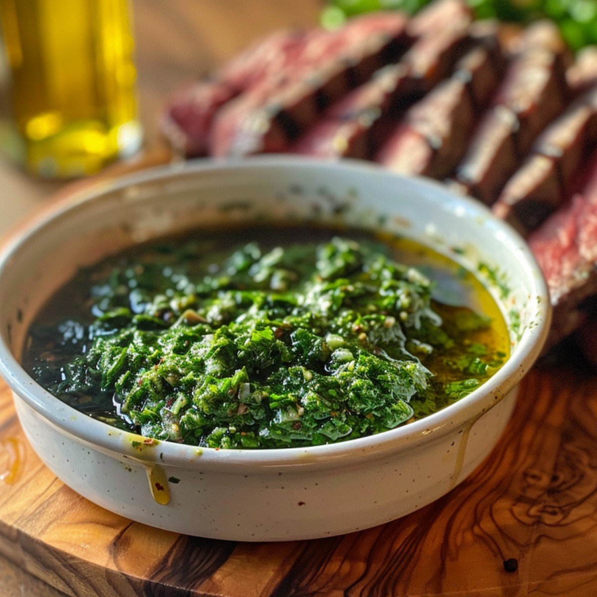 Close-up of bright green steakhouse chimichurri sauce — thick herbaceous texture with visible chopped parsley and garlic pieces
