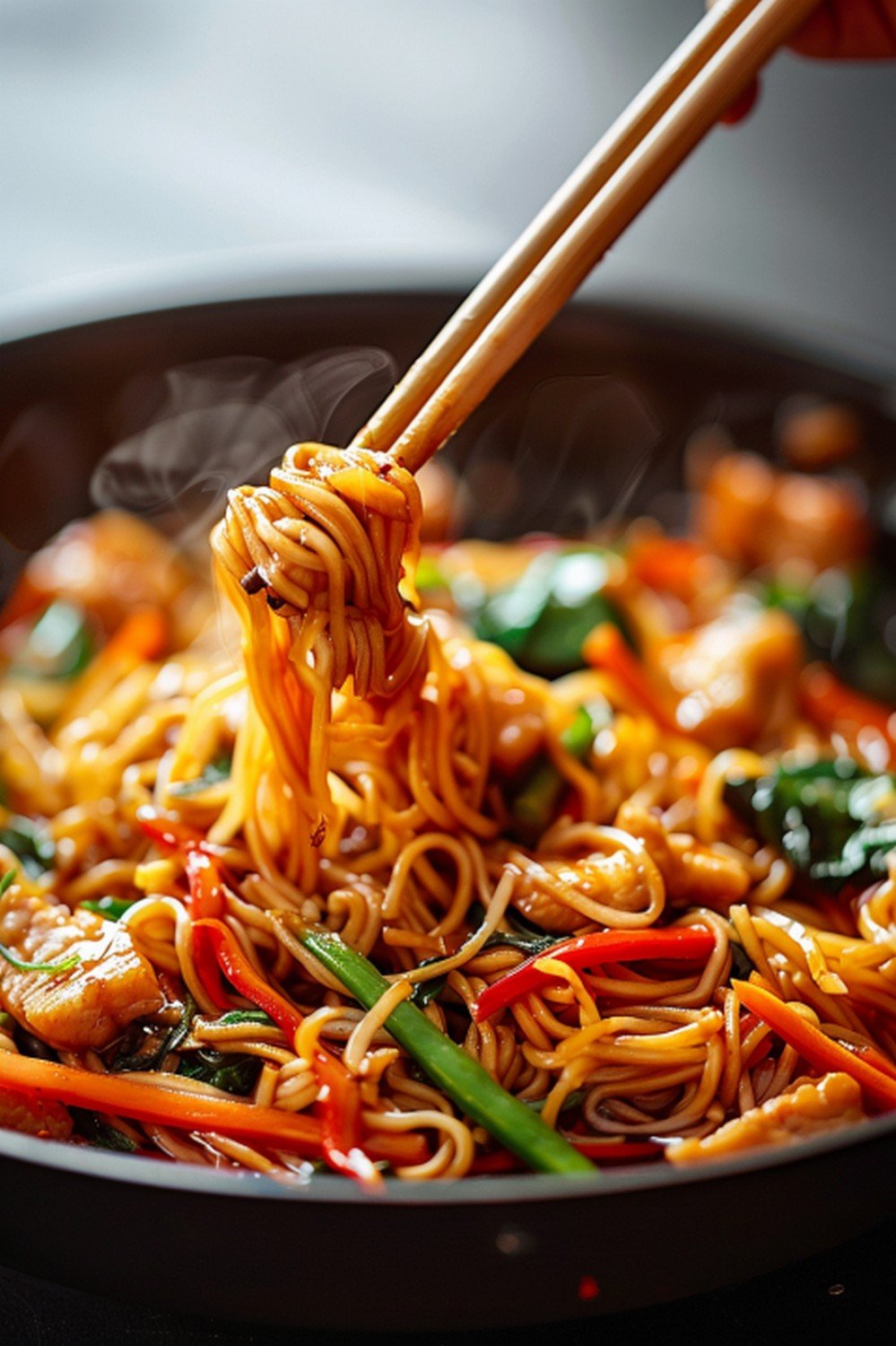 noodles lifted with chopsticks coated in glossy stir fry sauce dripping