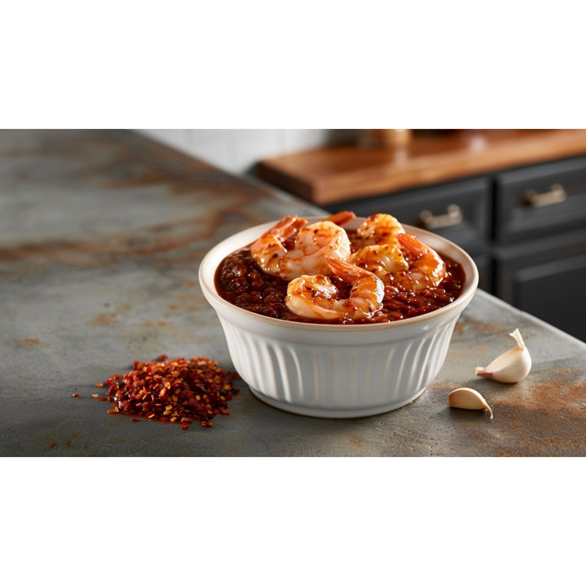 Sweet chili stir fry sauce in white bowl with glazed shrimp on concrete countertop with chili flakes