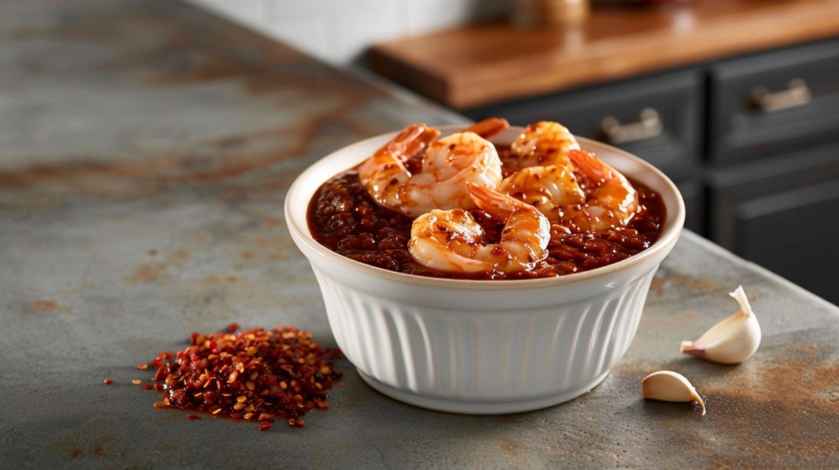 Sweet chili stir fry sauce in white bowl with glazed shrimp on concrete countertop with chili flakes
