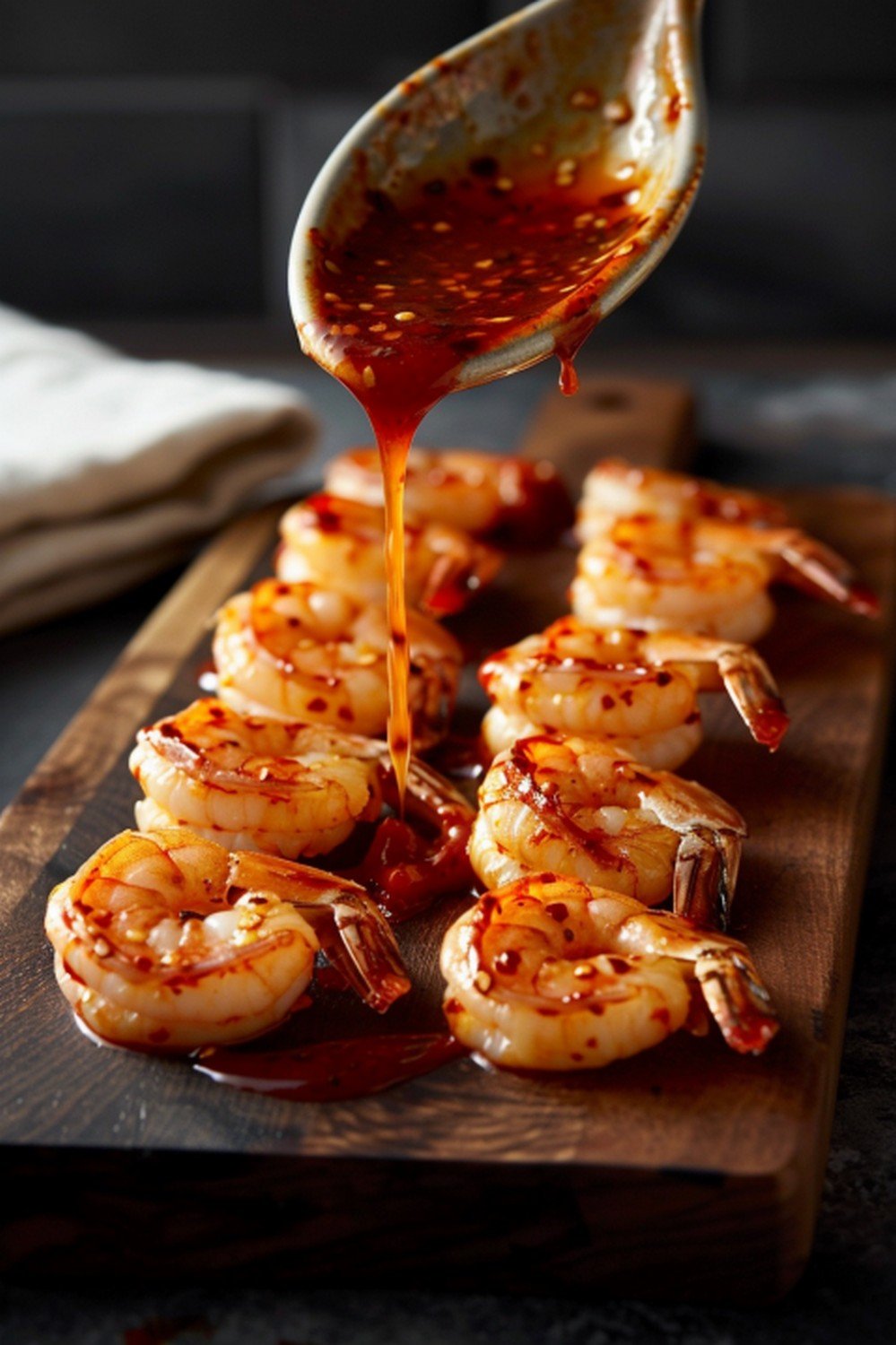 Sweet chili sauce drizzled from ceramic spoon over golden seared shrimp on dark wooden board
