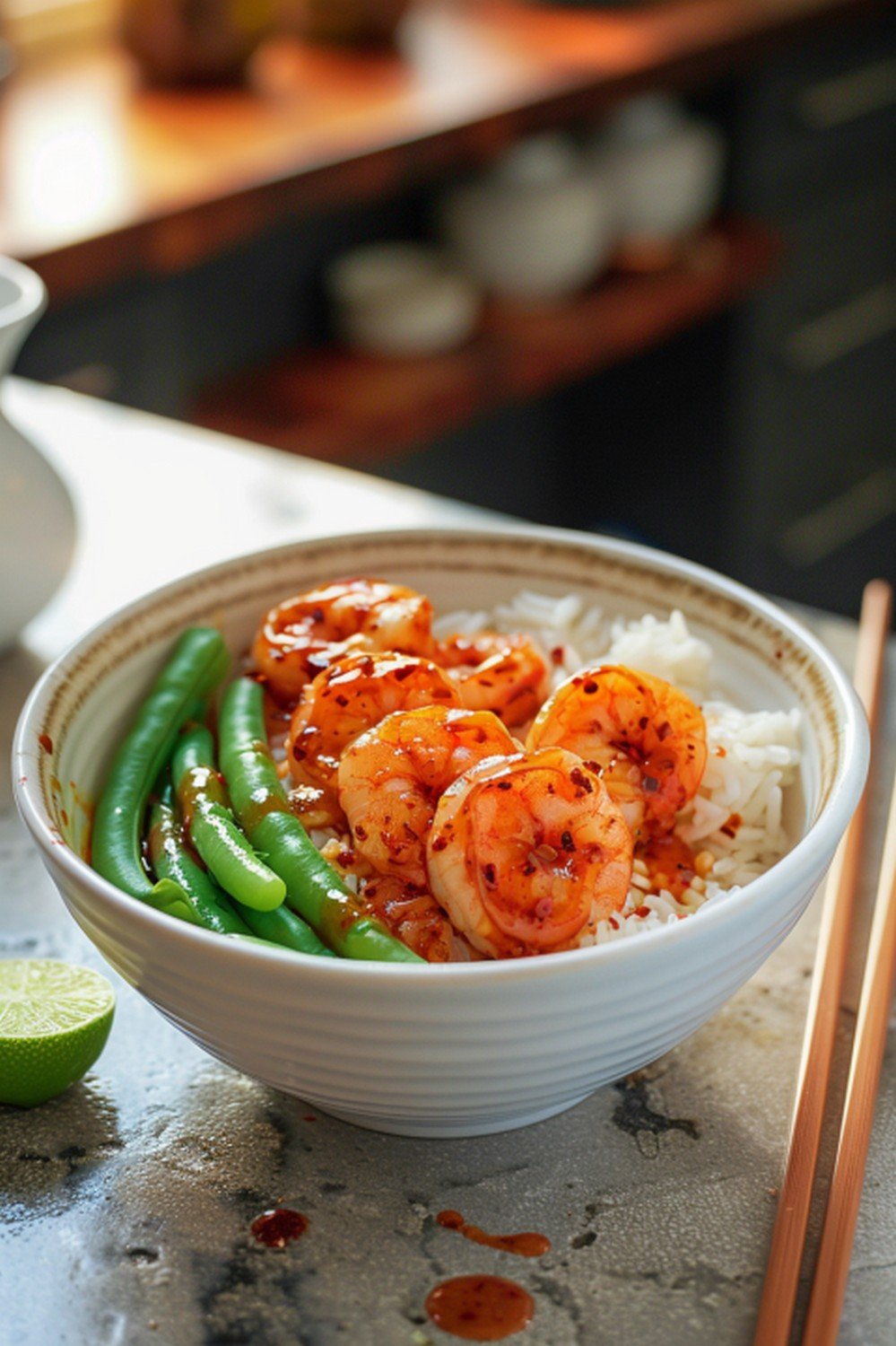Sweet chili shrimp rice bowl with translucent red sauce ramekin and chopsticks on stone counter
