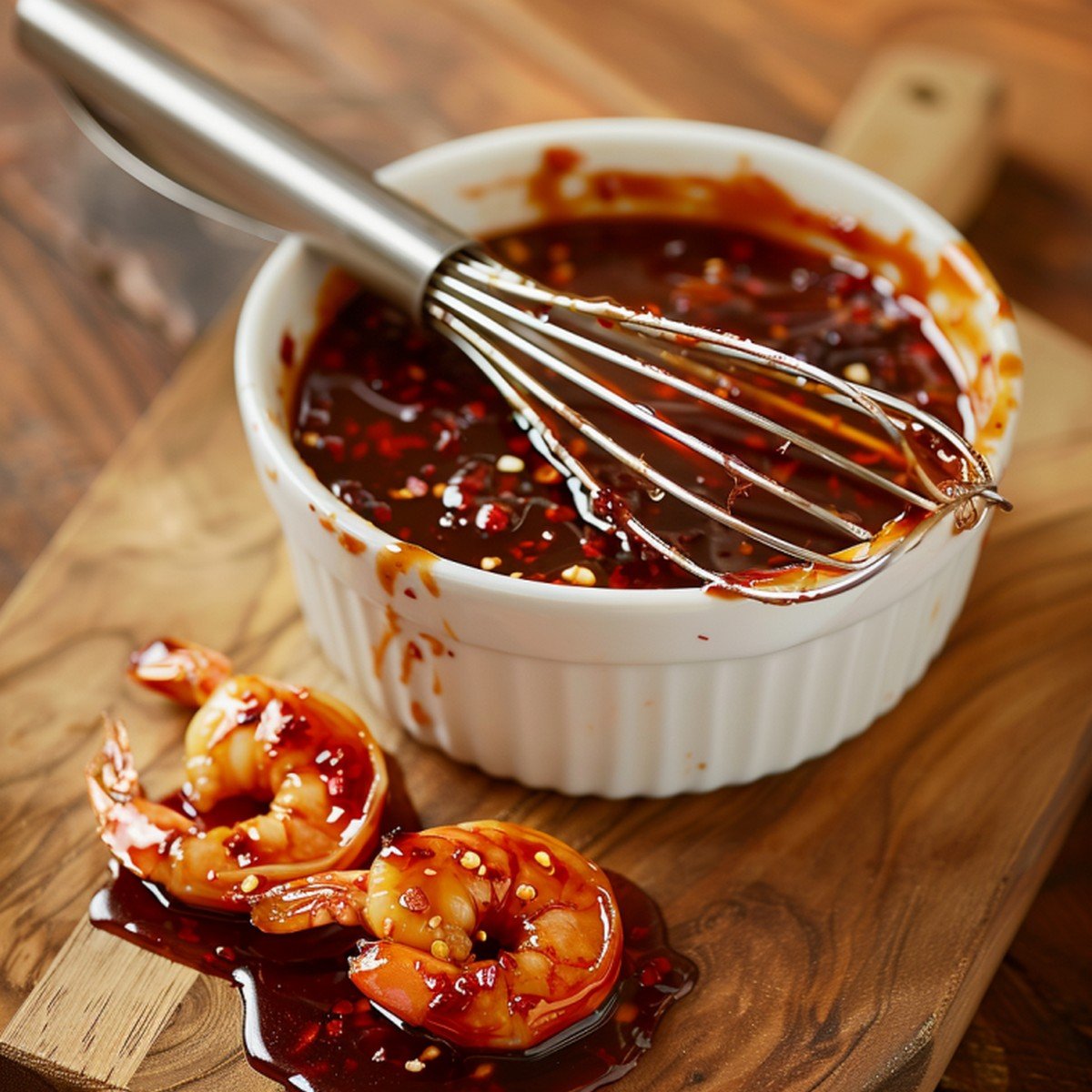 Whisk coated in glossy translucent red sweet chili sauce with visible chili flakes and shrimp on board
